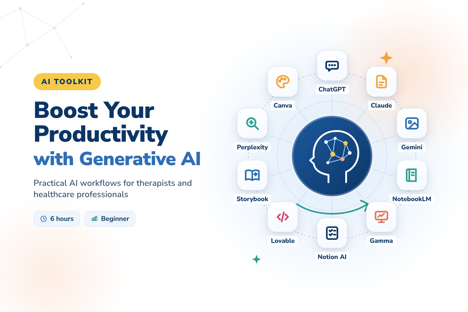 Boost Your Productivity with Generative AI – AI tools for therapists: ChatGPT, Claude, Gemini, NotebookLM, Gamma, Notion AI, Lovable, Storybook, Perplexity, Canva
