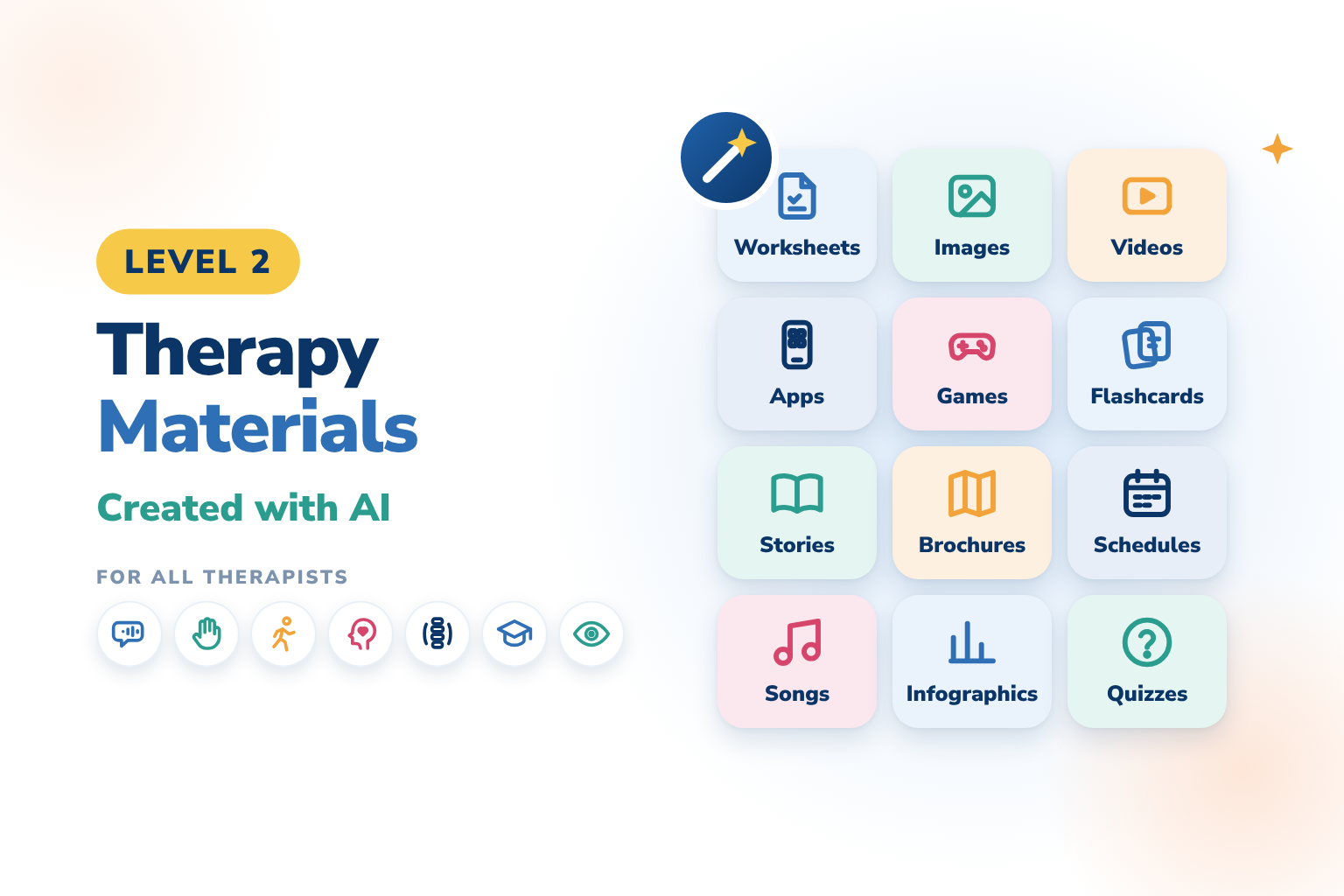 Level 2 – Therapy materials created with AI: worksheets, images, videos, apps, games, flashcards, stories, brochures, schedules, songs, infographics, quizzes