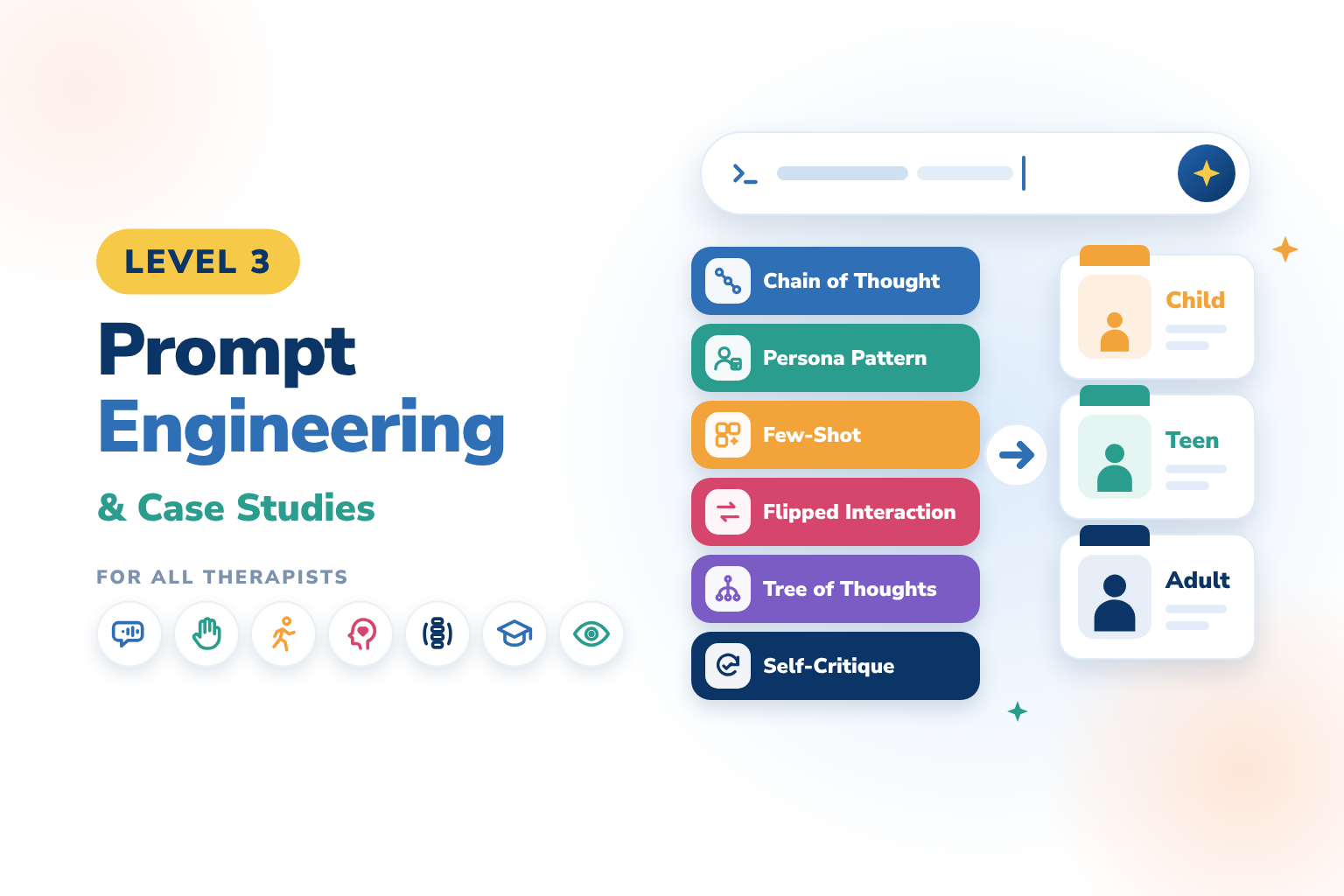 Level 3 – Prompt engineering techniques (chain of thought, persona pattern, few-shot, flipped interaction, tree of thoughts, self-critique) applied to child, teen and adult case studies
